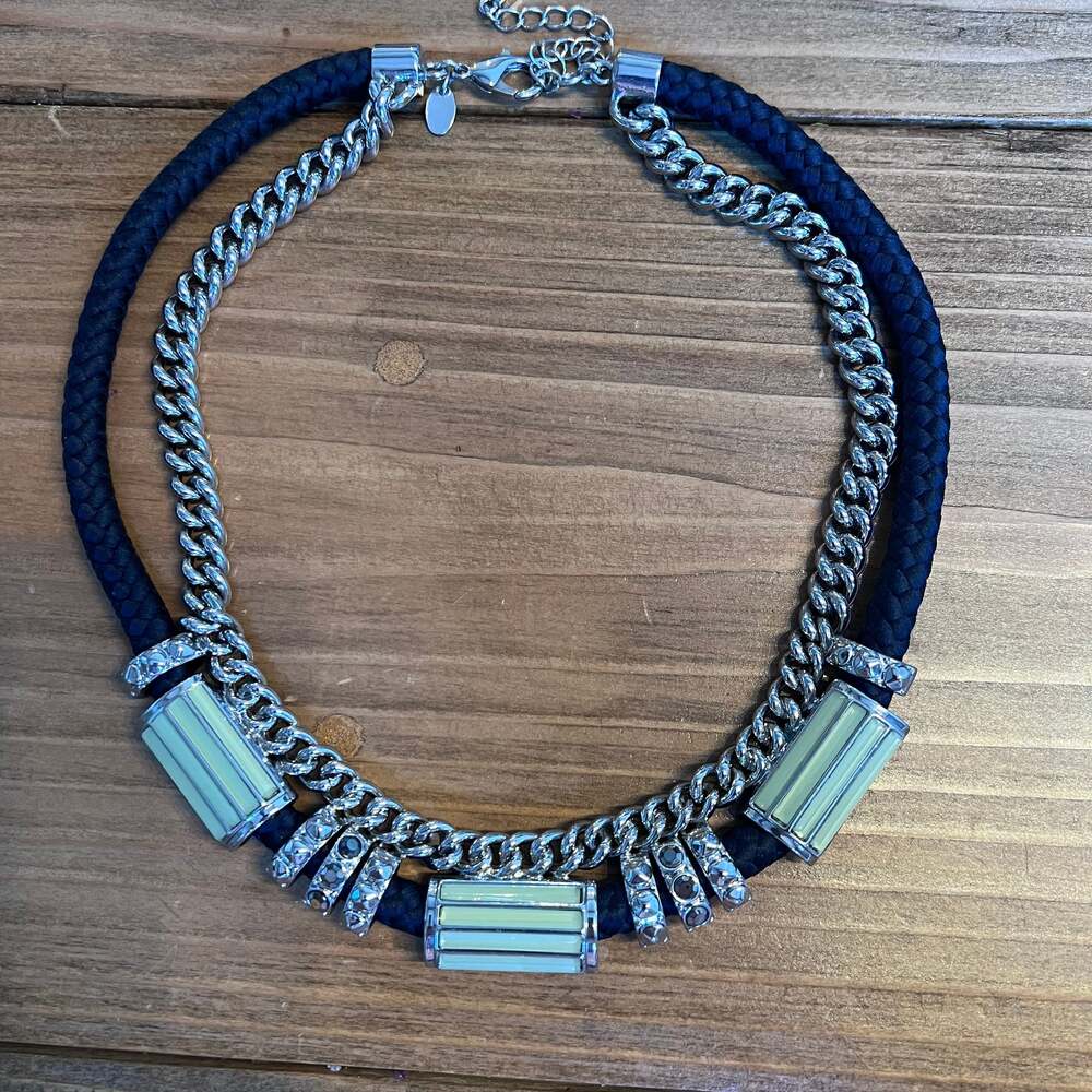 VTG Lia Sophia Statement Necklace Blue Braided Cord Sea Foam Green Glass